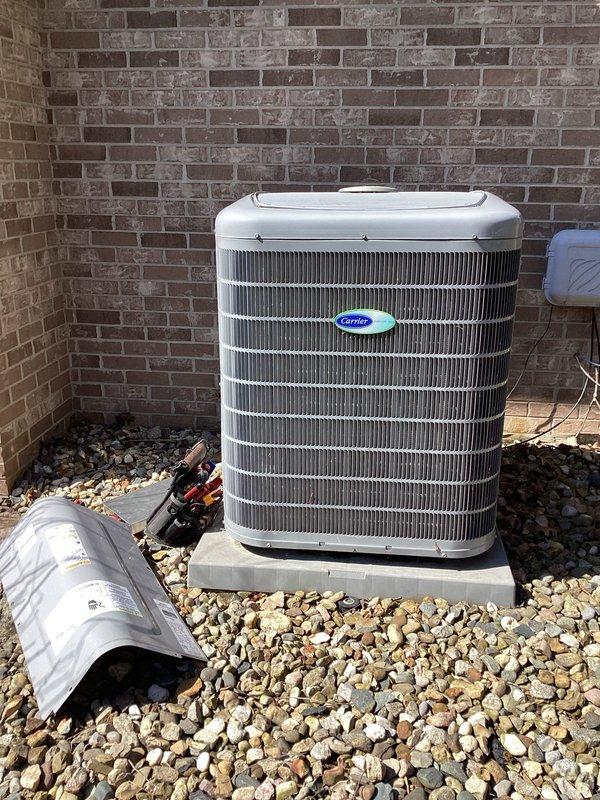 Performed scheduled A/C maintenance on Carrier outdoor unit per membership agreement. Inspected electrical connections and components within control panel, confirming proper wiring and connection integrity. System was tested for normal operation with no issues detected; unit is functioning within expected parameters.