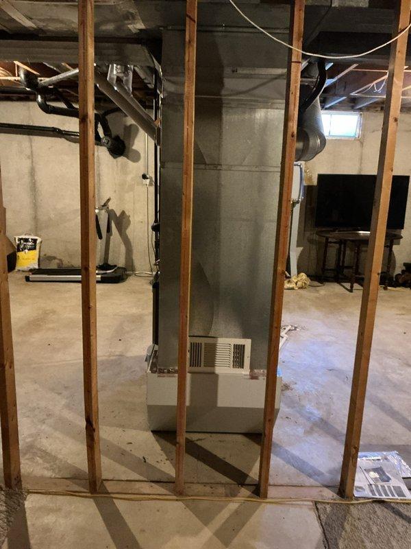 Successfully installed a complete HVAC system in an unfinished basement, including a Lennox EL297UH070 furnace, EL18KCV-036 condensing unit, CK40CT-30/36 cased coil, and 600 by-pass humidifier. Completed first-time PVC venting installation with new line set and thermostat wire, and installed non-WiFi T6 Thermostat for system control.