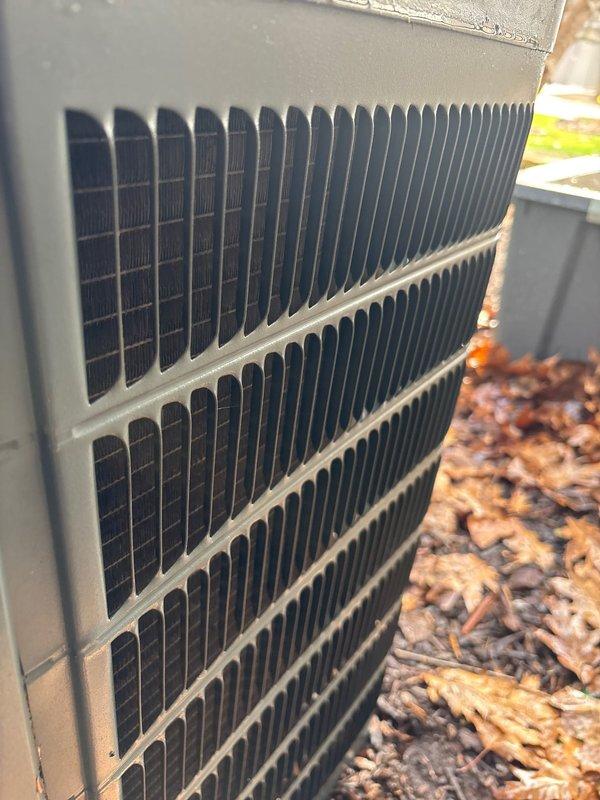 Performed scheduled A/C maintenance on residential unit, discovering severely clogged condenser coils that were restricting airflow and reducing system efficiency. Thoroughly cleaned and restored condenser coils to proper operating condition, significantly improving system performance and airflow. Customer's 16x25x4 filter not included in service.