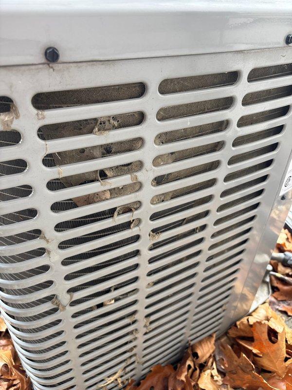 Performed routine A/C maintenance on outdoor condensing unit as part of scheduled service plan. Cleaned condensing unit exterior, removing accumulated dust, debris, and cobwebs from ventilation grille to improve airflow and system efficiency. Cleared surrounding area of fallen leaves to prevent potential airflow restriction and ensure proper unit operation.