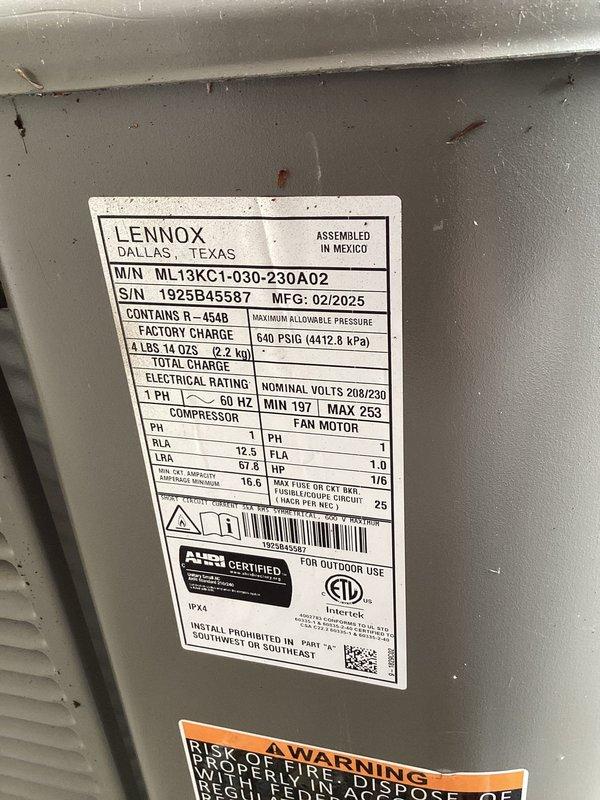 Performed biannual maintenance on Lennox ML13KC1-030 system containing R-454B refrigerant (factory charge 4 lbs 14 oz). Inspected equipment information plate confirming proper specifications and replaced batteries in Honeywell Home TH4110U2005 thermostat. Completed standard HVAC membership maintenance procedures including filter replacement with two 410 filters as included in service plan.