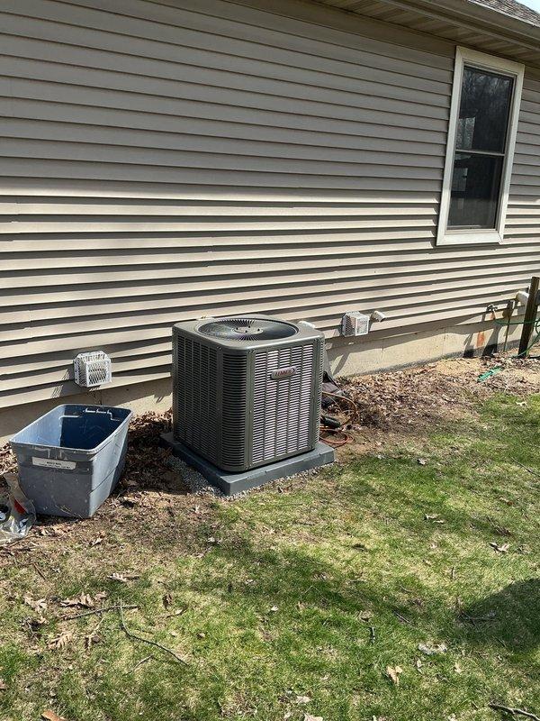 Completed full HVAC system replacement including installation of Lennox EL297UH070XV36BK high-efficiency furnace, ML13KC1-030 condensing unit positioned on exterior concrete pad, CK40CT-30/36B cased evaporator coil, T6 programmable thermostat, and 1610 media air cleaner for enhanced indoor air quality. Routed refrigerant lines and condensate drainage through floor joist structure, securing all piping with appropriate hangers and straps per manufacturer specifications. Verified all electrical connections, tested system operation across heating and cooling modes, and confirmed proper airflow and refrigerant charge levels.