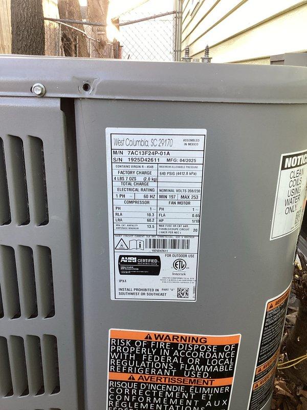 Responded to no-cooling complaint on 1-year-old Goodman 7AC13F24P-01A condenser unit. Connected manifold gauges to diagnose system pressures and verified unit operation. Unit found operating within normal parameters following diagnostic testing; customer educated on proper system operation and expectations for recently serviced equipment.
