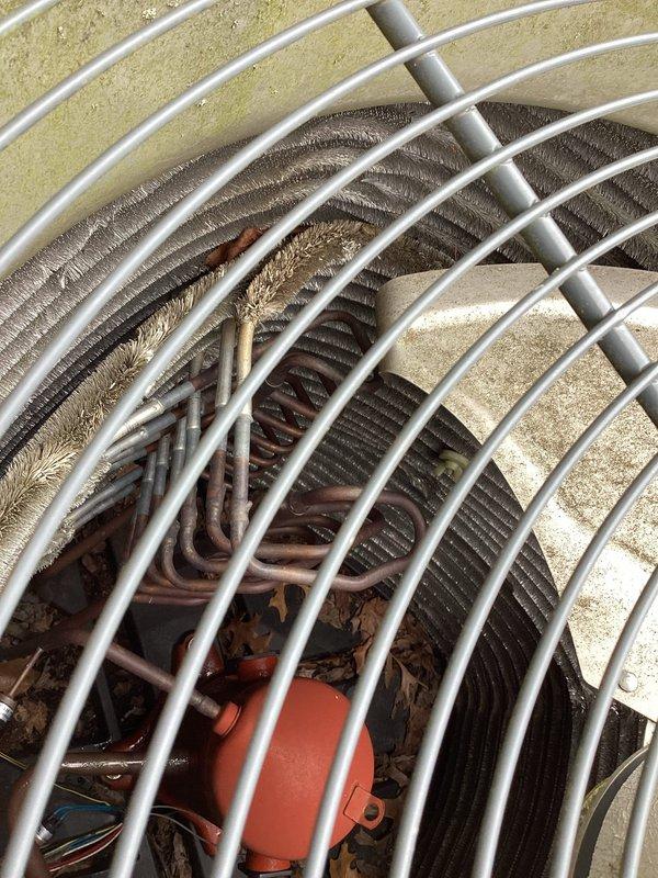 Completed scheduled A/C maintenance on outdoor condensing unit, including installation of 410 filter that was missed during previous appointment per membership agreement. Unit inspected and photographed showing protective grille in good condition with visible debris accumulation on coils and surrounding area requiring attention during service.