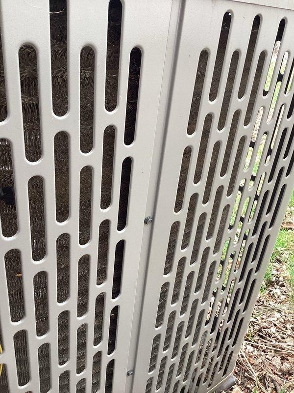 Completed planned air conditioning maintenance as part of HVAC membership agreement. Performed comprehensive system inspection of outdoor condenser unit, including examination of protective grille panels and heat exchanger coils. Documented current condition of unit showing accumulated debris and dirt buildup visible through ventilation slots, which could impact airflow efficiency. Verified 16x25x1 filter specification and completed standard maintenance protocol to ensure optimal system performance for cooling season.