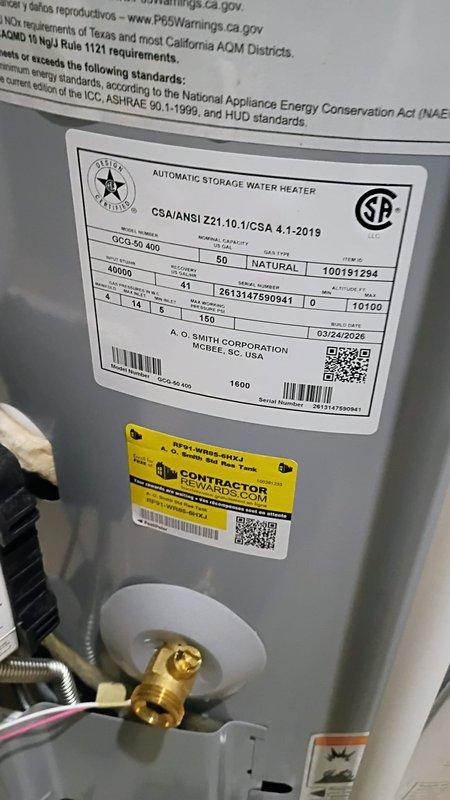 Completed installation of 50-gallon A.O. Smith natural gas tanked water heater per quote specifications. Unit installed with proper copper piping connections, expansion tank, pressure relief valve, and code-compliant venting. Also performed preventive maintenance on air conditioning system while on site, including installation of 610 filter. Notified customer upon completion of installation work.