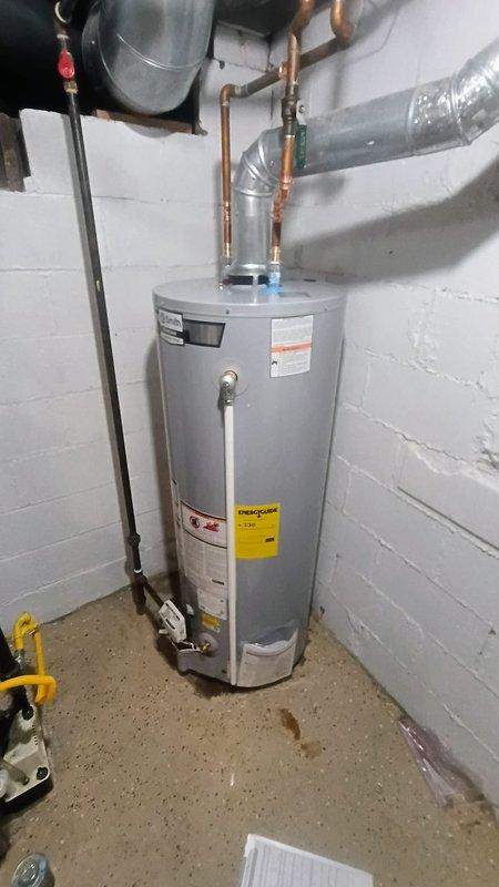 Completed installation of 50-gallon A.O. Smith natural gas tanked water heater per quote specifications. Unit installed with proper copper piping connections, expansion tank, pressure relief valve, and code-compliant venting. Also performed preventive maintenance on air conditioning system while on site, including installation of 610 filter. Notified customer upon completion of installation work.