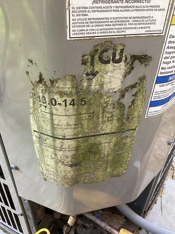 Completed planned air conditioning maintenance per membership agreement. Serviced outdoor condensing unit and replaced 20x25x1 air filter. Outdoor unit exhibited significant mold and algae accumulation on manufacturer's data plate and housing surfaces, which was noted for future cleaning consideration. Indoor air filter showed moderate dust loading and was replaced with new filter to maintain proper airflow and system efficiency.