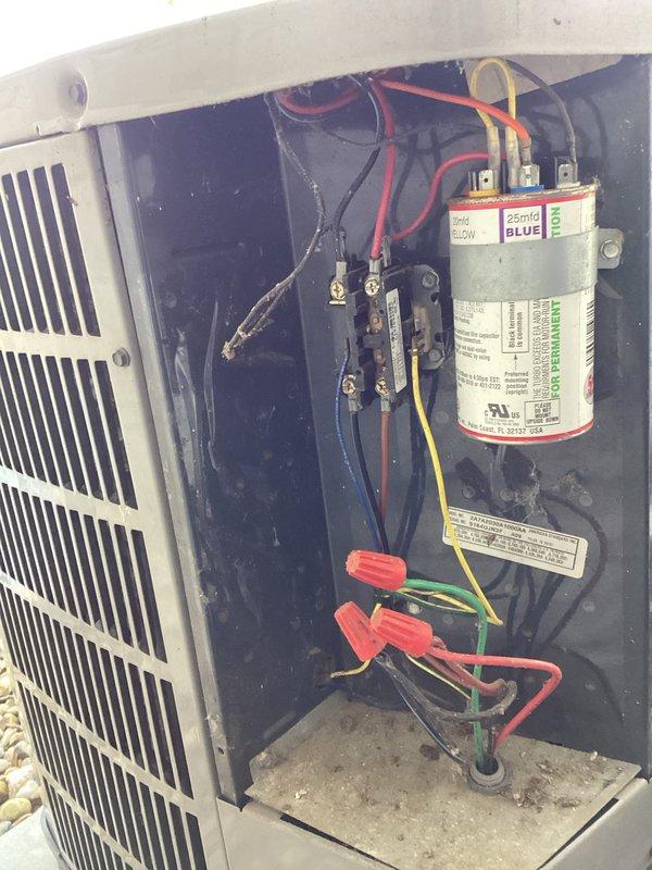 # HVAC Maintenance - Planned Single Maintenance

Performed comprehensive planned maintenance on residential air conditioning system. Conducted thorough inspection of outdoor condenser unit, verifying proper placement on concrete pad and adequate clearance for airflow. Examined exterior components including fan grille, louvers, and cabinet condition.

Accessed electrical compartment and inspected all internal components. Evaluated capacitor condition, verifying proper connections and terminal integrity. Inspected contactor operation and all electrical connections, including wire terminals and splices. Confirmed all wiring color codes and connections meet manufacturer specifications and safety standards.

Documented equipment condition through photographs for maintenance records. System operating within normal parameters. Unit ready for continued service.