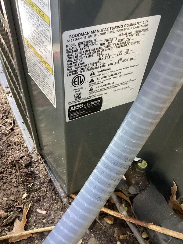 Completed planned air conditioning maintenance on Goodman outdoor unit per membership agreement. Performed comprehensive system inspection including capacitor testing (documented readings of 70++ microfarads), electrical connection evaluation, and refrigerant line assessment. Replaced 610 filter and humidifier pad as specified, verified all electrical connections secure with proper wire routing, and confirmed unit operational status with all safety labels and manufacturer specifications intact.