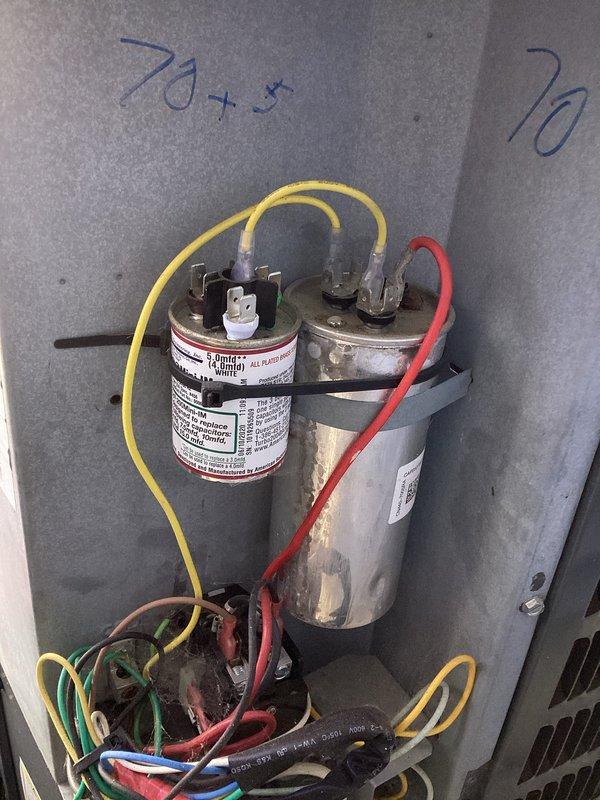 Completed planned air conditioning maintenance on Goodman outdoor unit per membership agreement. Performed comprehensive system inspection including capacitor testing (documented readings of 70++ microfarads), electrical connection evaluation, and refrigerant line assessment. Replaced 610 filter and humidifier pad as specified, verified all electrical connections secure with proper wire routing, and confirmed unit operational status with all safety labels and manufacturer specifications intact.