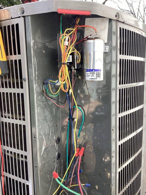 Completed planned air conditioning maintenance per membership agreement. Performed comprehensive system inspection of outdoor condenser unit, removed access panels to check electrical connections and capacitor condition, verified proper wire terminations and component functionality. Cleaned unit exterior, replaced air filters as included in maintenance plan, and reassembled all panels. System operating within normal parameters upon completion of preventive maintenance service.