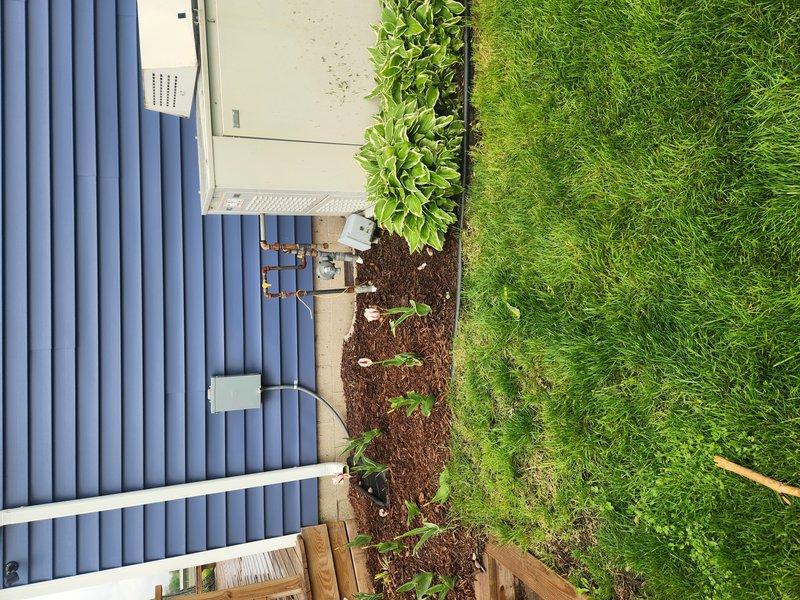 Responded to service call regarding water intrusion in exterior gas line supplying outdoor grill. Conducted thorough inspection of gas line routing from building exterior through landscaped areas to grill connection point. Assessed line placement, drainage conditions, and potential sources of water infiltration. Documented existing conditions with photographic evidence showing exterior mechanical equipment area, landscaping features, and backyard layout to identify contributing factors for moisture accumulation in gas line system.
