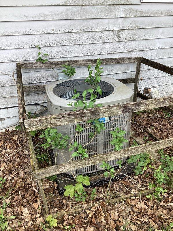 # HVAC Maintenance - Planned Single Maintenance

Completed planned air conditioning maintenance on outdoor condenser unit. Upon arrival, found unit heavily overgrown with vegetation including vines and climbing plants growing through ventilation grilles and across top surface. Surrounding wooden enclosure showed significant deterioration and decay. 

Cleared dense vegetation from condenser unit and removed accumulated leaf debris from base and surrounding area. Cleaned exterior surfaces and ventilation grilles to restore proper airflow. Inspected unit components and verified operational status. Recommended removal or repair of deteriorated wooden structure to prevent future vegetation encroachment and ensure adequate clearance for service access and airflow requirements.