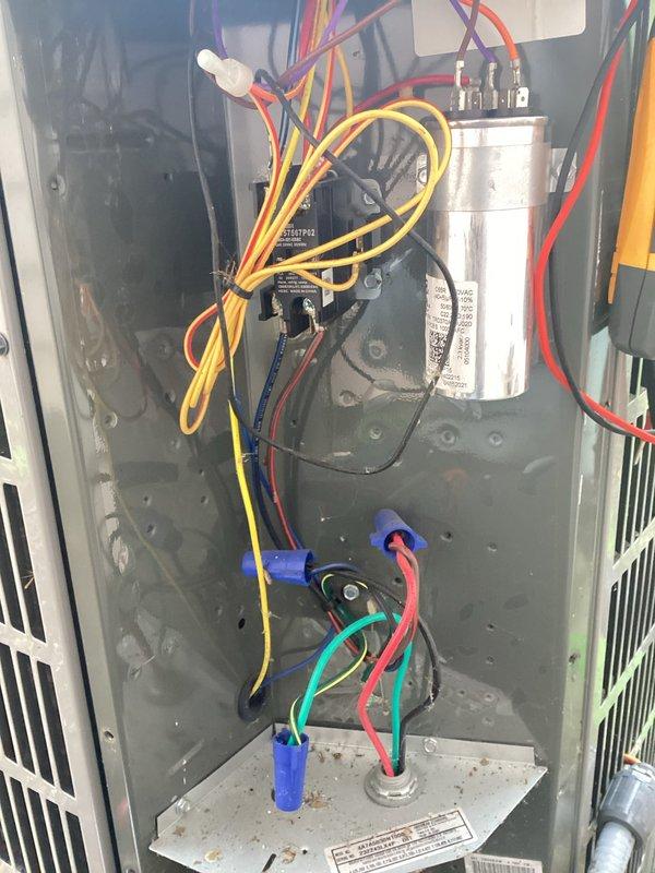 Completed scheduled air conditioning maintenance on residential condensing unit. Performed comprehensive system inspection including electrical components, capacitor testing, and refrigerant line connections. All components found operating within normal parameters with proper electrical connections verified at contactor and capacitor. Unit exterior and coils inspected with no immediate service needs identified.