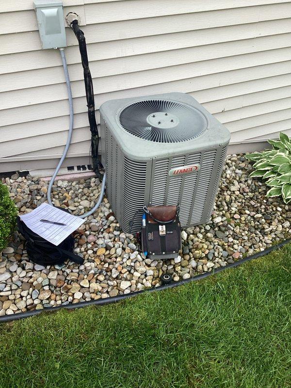 Completed planned single maintenance on Lennox residential air conditioning system. Performed comprehensive inspection of outdoor condensing unit and electrical components. Inspected capacitor, contactor, and electrical connections within control panel—all wiring secure with proper terminations. Cleaned accumulated debris from electrical enclosure. Verified unit operation and all electrical components functioning within normal parameters. Replaced 16x20x1 air filter as part of routine maintenance protocol. Confirmed proper airflow and system performance upon completion.