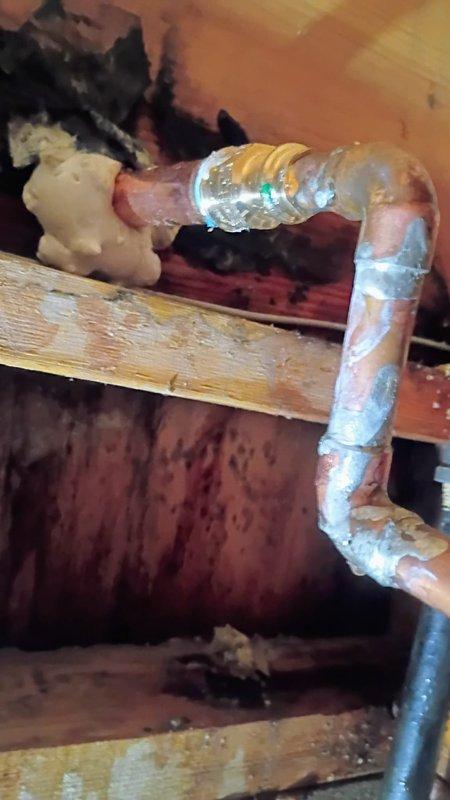 Responded to basement flooding caused by leaking hose bib fixture. Upon arrival, water supply was already shut off with minimal standing water remaining in affected areas. Inspected exterior hose bib connection and interior copper piping running through basement joists, identifying leak source at hose fixture that had been in use for pool filling operations. Documented existing copper pipe oxidation and connection points. Assessed water damage to basement area and confirmed leak isolation. Provided recommendations for hose bib repair or replacement to prevent future flooding incidents.