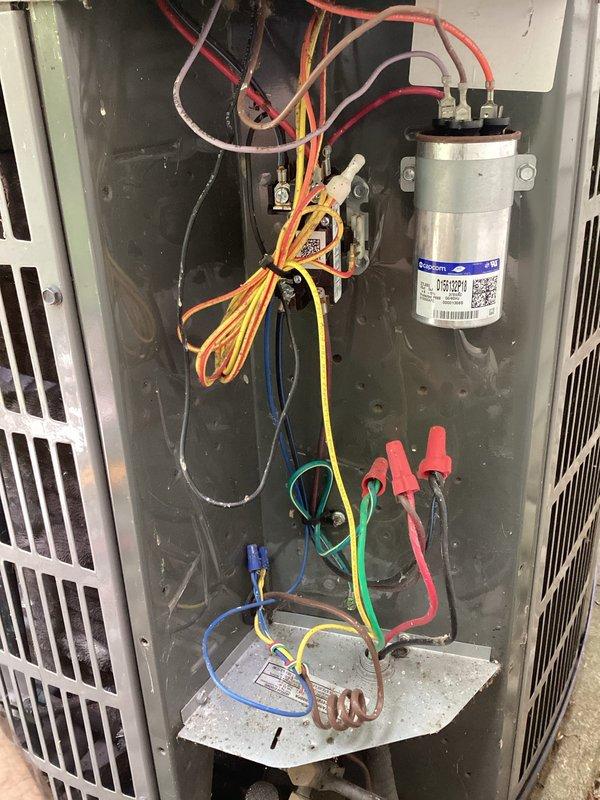 # HVAC Maintenance - Planned Single Maintenance

Completed comprehensive air conditioning maintenance service per membership agreement. Performed full system inspection with access panel removal to evaluate internal components and electrical connections. 

Conducted diagnostic testing of capacitor using test leads to verify proper capacitance values and electrical performance. Inspected all electrical wiring, including power supply connections, control circuits, and ground connections for signs of wear, damage, or loose terminals. All wire connections found secure with no evidence of overheating or deterioration.

Evaluated capacitor condition, including visual inspection for bulging, leaking, or corrosion on terminal connections. Component showing normal wear consistent with system age. Examined condenser coil and refrigerant lines for proper insulation and signs of refrigerant leaks. Copper refrigerant lines displaying normal oxidation consistent with outdoor installation and system 