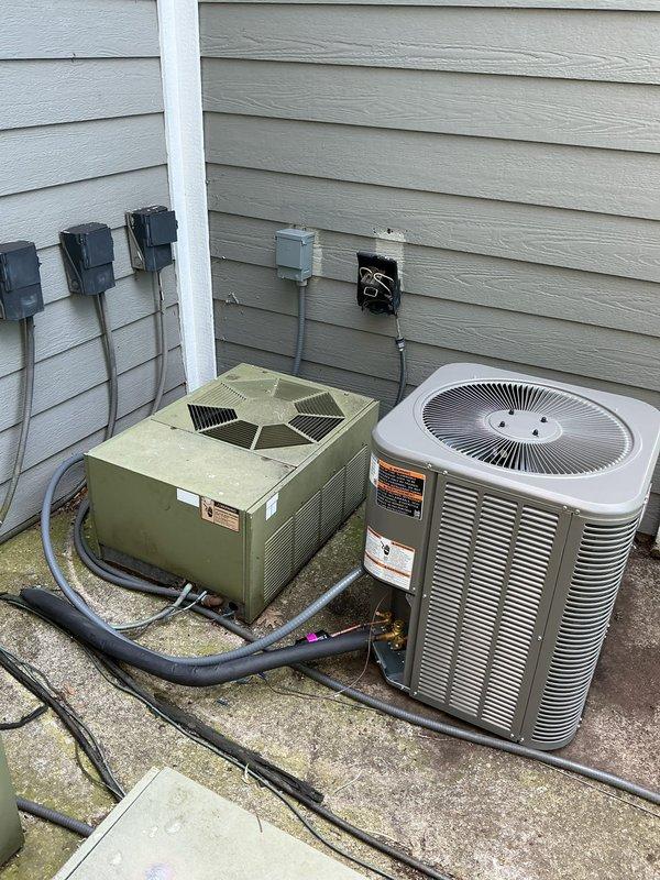 Completed full HVAC replacement for apartment 329-3C, installing a new Lennox air conditioning condenser unit with uncased evaporator coil. The installation included proper electrical connections with junction boxes and disconnect switch, refrigerant line set routing between components, and mounting on concrete pad. System was tested and verified operational upon completion.