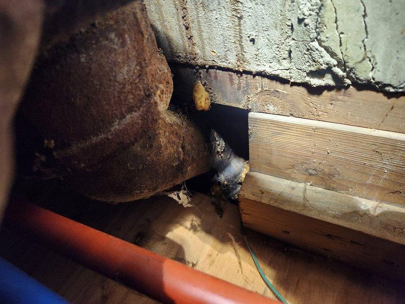 Responded to basement water leak call and coordinated access with tenant. Upon inspection, discovered severely corroded plumbing component in basement crawl space showing extensive rust damage from prolonged moisture exposure. The rusted spherical fixture exhibited heavy orange-brown corrosion throughout, with surrounding insulation material displaying significant deterioration and water damage. Assessed aging copper piping running along wooden floor joists near concrete block foundation wall with spray foam insulation. Documented conditions with photographic evidence showing compromised plumbing infrastructure and moisture-related degradation in confined basement space requiring repair recommendation.