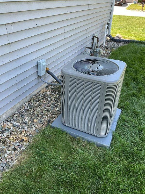 Completed full HVAC system replacement including installation of Lennox ML13KC1-024-230 outdoor condensing unit, Lennox CK40CT-30B-71 coil, and TH4110U2005 thermostat. Unit was properly positioned on concrete pad with appropriate clearances, refrigerant lines were run and insulated, electrical disconnect installed, and all connections completed per manufacturer specifications. System was tested and verified operational.