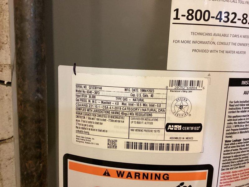 Responded to service call for non-operational water heater. Conducted comprehensive inspection of Richmond brand natural gas water heater, model GCN-38, manufactured May 2023. Assessed unit condition, examined plumbing connections, flue pipe assembly, and shutoff valves. Documented equipment specifications including serial number, gas type, and pressure ratings. Photographed installation for diagnostic evaluation and potential replacement quote preparation.