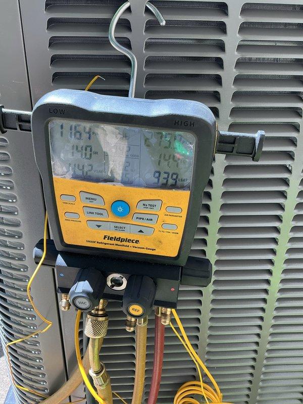 Completed installation of Lennox ML13KC1-030-230 air conditioning unit with CK40CT-30B-71 cased evaporator coil. Performed system startup, charged refrigerant to manufacturer specifications using calibrated scale for precise measurement, and verified proper operating pressures and temperatures with diagnostic gauges. Reused existing thermostat and confirmed full system functionality upon completion.