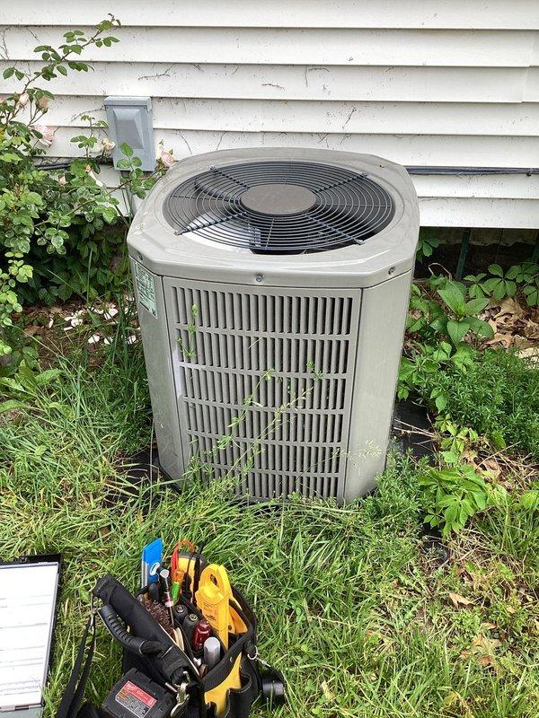 Completed monthly Gold Level planned maintenance on 29-year-old single system. Performed comprehensive inspection of outdoor condenser unit, including visual assessment of housing, fan assembly, and electrical connections. Cleared excessive vegetation growth surrounding unit to restore proper airflow clearance and prevent future obstruction of cooling components. Documented system condition with photographs showing unit positioned against building exterior with overgrown grass and climbing vines requiring attention for optimal equipment performance.