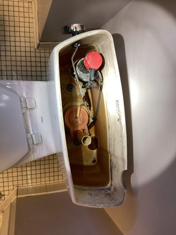 Responded to master bathroom toilet with continuous running condition and broken flush handle. Upon inspection, removed tank lid and identified worn flapper assembly and failed flush lever mechanism. Tank water showed significant mineral deposits and discoloration indicating age and hard water conditions. Replaced defective flush valve assembly including flapper seal and overflow tube. Installed new chrome flush handle and linkage assembly to restore proper manual operation. Adjusted fill valve and water level to manufacturer specifications. Tested flush cycle multiple times to verify proper tank refill, complete bowl evacuation, and elimination of continuous running. Confirmed all components sealed properly with no leaks detected. Toilet restored to full operational status.
