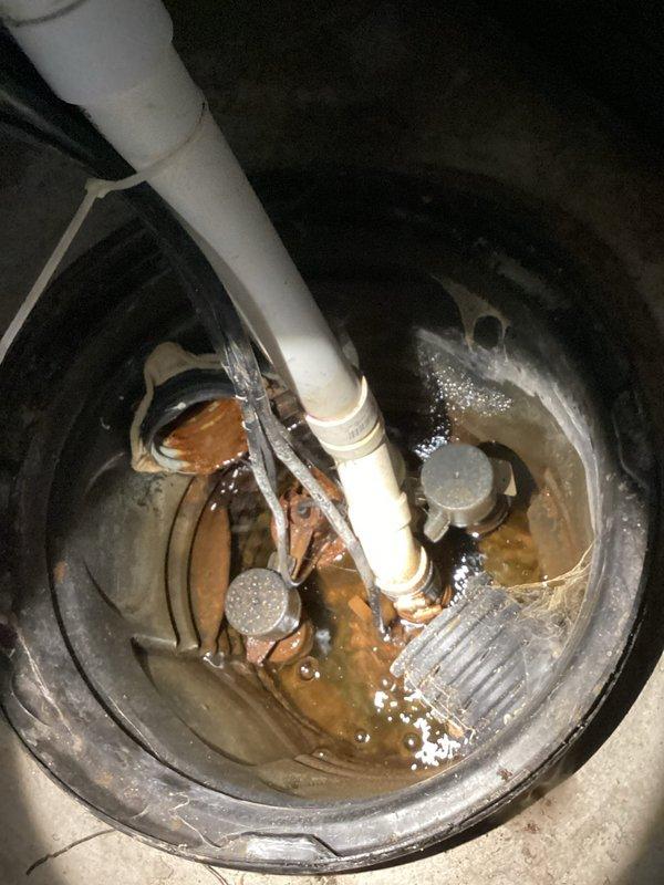 Responded to service call for non-functioning primary sump pump in 50-year-old residential property. Upon arrival, found main sump pump inoperative with backup Watchdog unit actively running and emitting audible alarm indicating primary system failure. Inspection revealed corroded copper piping components and significant mineral deposits in sump basin with discolored water present. Assessed vertical PVC discharge piping configuration and electrical connections in basement utility area. Documented existing conditions including aged pump mechanism, rust deterioration on metallic components, and overall system wear consistent with home age. Backup pump confirmed operational but requiring primary system restoration to prevent overwork and potential secondary failure.