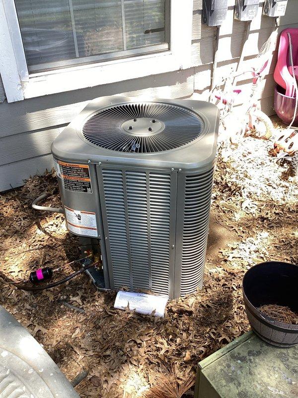 Completed installation of new Lennox ML13KC1-024 air conditioning system with ADP HE31C30A130 evaporator coil integrated with existing Rheem furnace in interior mechanical closet. Installed outdoor condenser unit on exterior pad with proper clearances, connected refrigerant lines with service ports, established electrical connections, and reused existing thermostat to maintain customer's preferred control interface.