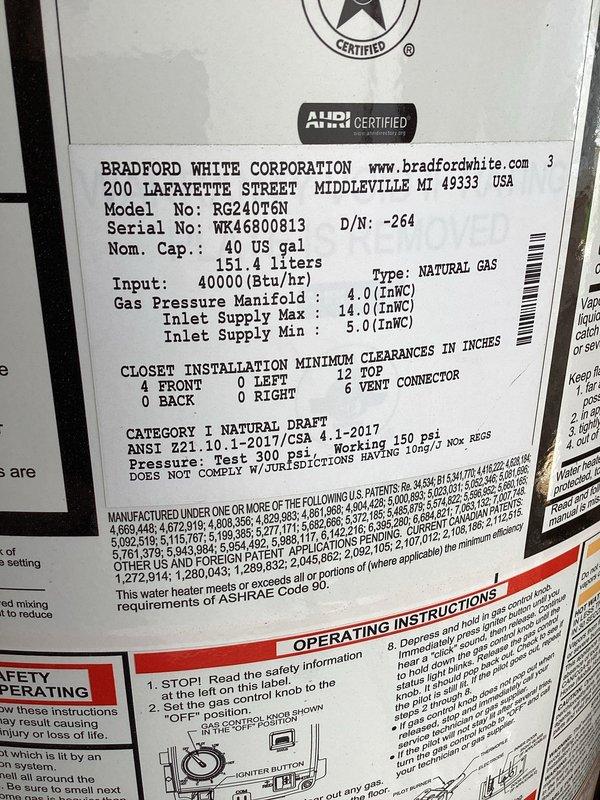 Responded to service call for 40-gallon Bradford White natural gas water heater (Model RG240T6N) with pilot light that would not stay lit, resulting in complete loss of hot water for three days. Diagnosed and repaired faulty thermocouple assembly causing pilot outage on five-year-old unit. Tested gas pressure, verified proper venting, and confirmed pilot flame stability and main burner ignition. Unit restored to full operation with adequate hot water production. Additionally replaced kitchen faucet as requested during same service visit.