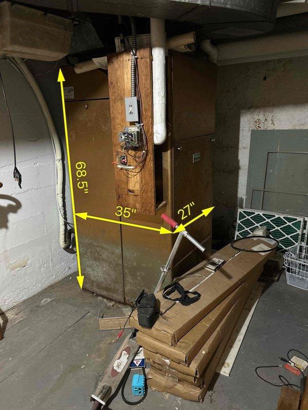 Evaluated existing HVAC system with failed air handler motor in basement utility space and outdoor condensing unit. Documented equipment dimensions and clearances for replacement system, noting 68.5" vertical clearance and adequate horizontal spacing for new air handler installation. Provided comprehensive estimate for complete HVAC system replacement including new air handler and condensing unit to restore heating and cooling functionality.