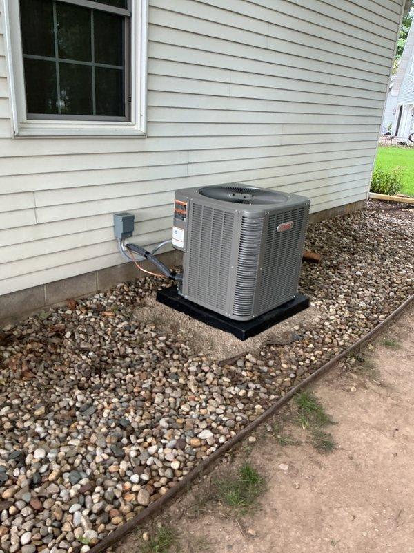 Completed full HVAC system installation including ML196UH070 furnace, ML17KC2-036 air conditioning unit, and CK40CT-48C coil. Installed 2" PVC venting for first-time setup, ran new line set, and mounted outdoor condenser unit on protective pad with proper landscaping clearance. Performed startup procedures, verified heating mode operation with gas manifold pressure checks, confirmed indoor blower performance against manufacturer specifications, collected system balance, and documented all technical parameters per installation checklist.