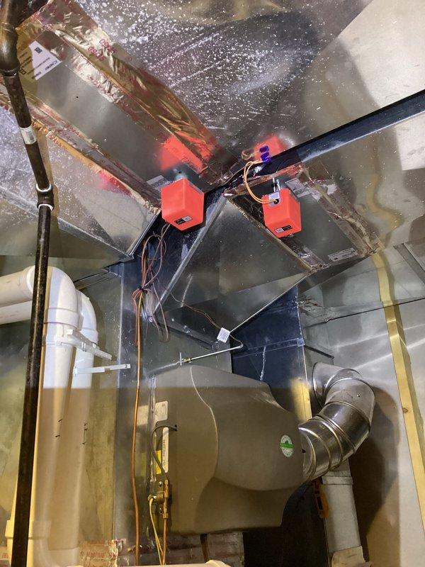 Completed comprehensive tune-up on multi-zone HVAC system with replacement of zone sensors. Parts ordered to Mid City for delivery to shop under PO #415963855 for sensor installation. System inspected including air handler, ductwork, humidifier unit, condensate drainage lines, and electrical connections; all components verified operational and ready for continued service.