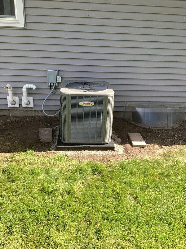 Completed full HVAC system installation including Lennox EL297UH070 furnace, ML17KC2-036 condensing unit, and CK40CT-36B evaporator coil. Installed condensate pump for proper drainage management and Honeywell Home digital thermostat for system control. All equipment properly positioned on exterior concrete pad with appropriate clearances, electrical disconnect installed and wired per code. System commissioned, tested for proper operation, and left in fully functional condition.