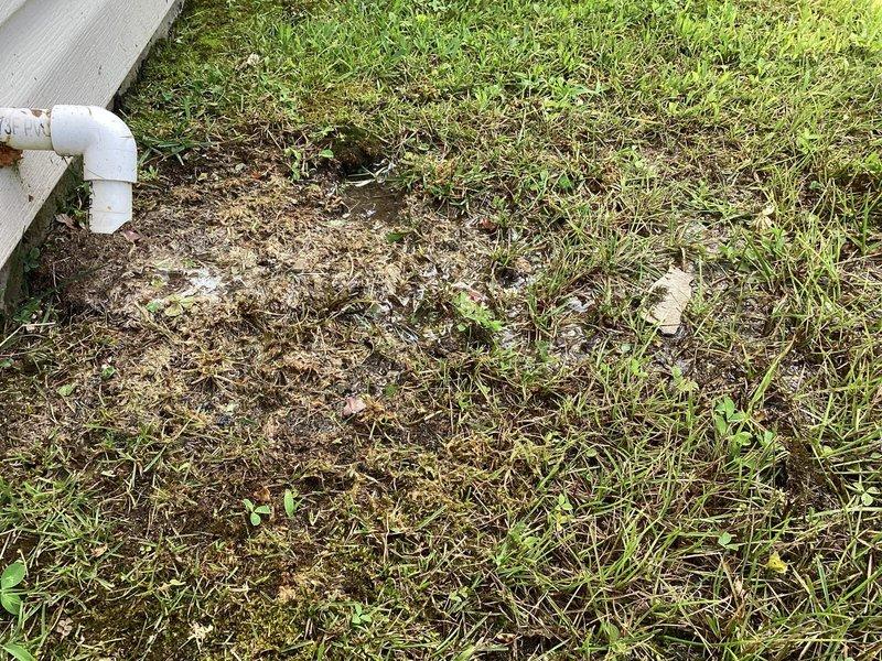 Responded to no-cooling complaint with thermostat set to 68°F but indoor temperature reading 76°F. Upon arrival, observed water accumulation around base of indoor furnace unit. Performed visual inspection of outdoor condensing unit and confirmed proper electrical connections and refrigerant line connections at service valves. No breaker trips reported, airflow present at registers, and no evidence of evaporator coil icing observed at indoor unit. Documented system conditions with exterior photographs showing outdoor unit installation and drainage area near foundation.