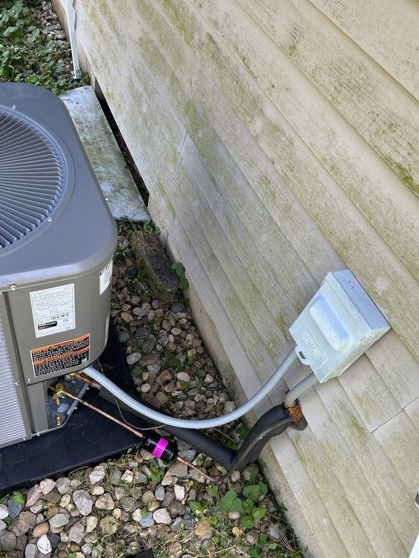 Completed full HVAC system installation including ML180UH045 furnace, ML13KC1-024 condenser unit, CK40UT-24A uncased evaporator coil, and thermostat. Fabricated custom coil shelf in plenum transition to accommodate uncased coil from previous inventory. Installed 1410 air cleaner and positioned outdoor condenser unit on pad against exterior wall with proper refrigerant line connections and electrical disconnect. System tested and operational upon completion.