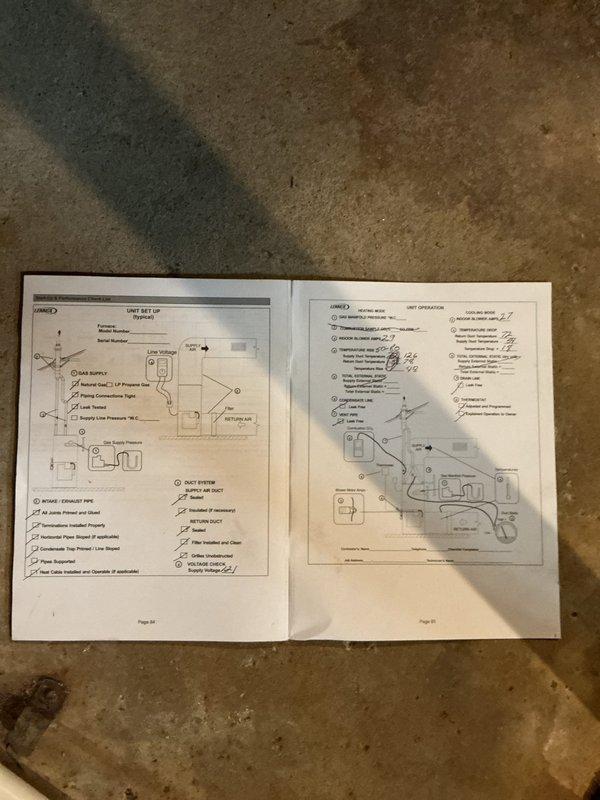 Completed full HVAC system installation including Lennox EL297UH070 furnace, ML17KC1-048 air handler, CK40CT-48C evaporator coil, and Aprilaire 1610 humidifier with S200 thermostat. Installed all equipment in basement mechanical room with proper PVC venting routed through ceiling, verified all electrical connections and gas piping, completed startup procedures per manufacturer specifications, and confirmed system operation. Unit tested and left operational with customer instructed on thermostat functions.