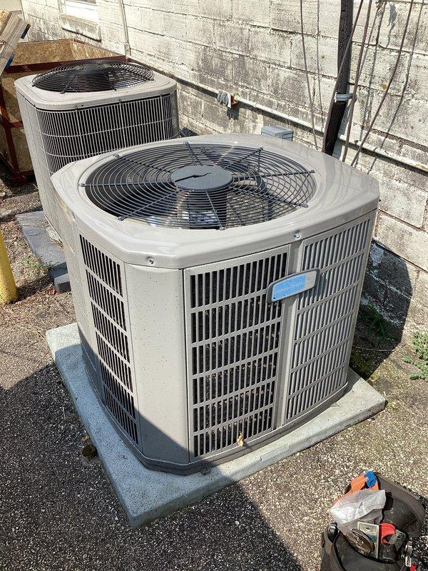 Replaced damaged condenser fan tops and fan blades on two American Standard air conditioning units. Additionally, replaced contactor and capacitor on Bryant condenser unit to restore proper operation.