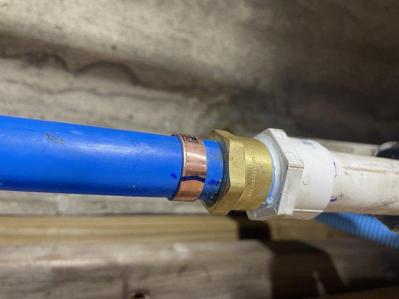 Responded to water leak on well line and successfully replaced faulty PVC ball valve. The new valve was installed using proper transition fittings to connect blue PEX piping to white PVC pipe, ensuring a secure, leak-free connection. System was tested and verified operational with no leaks detected.