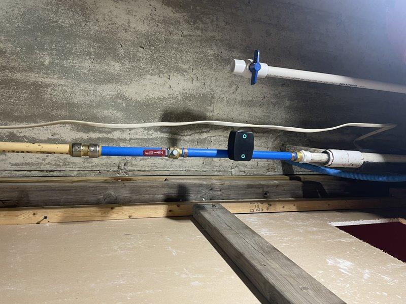 Responded to water leak on well line and successfully replaced faulty PVC ball valve. The new valve was installed using proper transition fittings to connect blue PEX piping to white PVC pipe, ensuring a secure, leak-free connection. System was tested and verified operational with no leaks detected.
