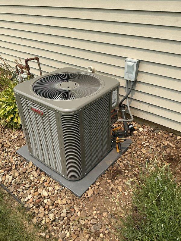Completed installation of ML13KC1-030 air conditioning system with CK40CT-30/36C coil and T6 thermostat. Outdoor condensing unit was positioned on concrete pad with proper clearances, electrical disconnect installed, and refrigerant lines connected. Indoor evaporator coil was mounted to existing air handler, thermostat wired and programmed, and system was charged, tested, and balanced to manufacturer specifications. All components are operating within normal parameters and installation passed final inspection.