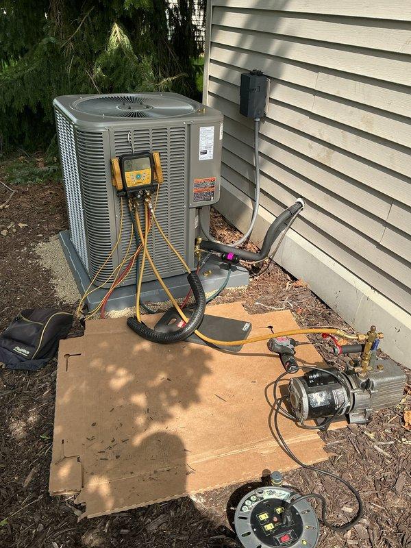 Completed full air conditioning system installation including ML13KC1-030 outdoor condensing unit and CK40UT-36C evaporator coil. Installation required additional time due to crawlspace access and non-standard coil mounting configuration. Reused existing thermostat, performed vacuum and refrigerant charging procedures, and verified system operation upon completion.