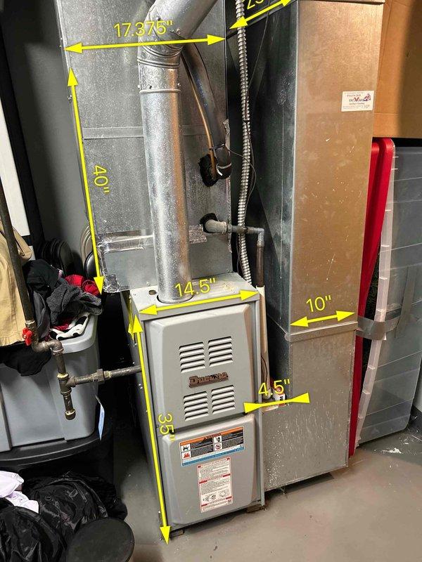 Conducted comprehensive assessment of 16-year-old residential HVAC system for complete replacement estimate. Evaluated existing furnace and air conditioning unit, documenting equipment dimensions and current installation configuration in basement utility area. Measurements recorded for proper equipment sizing and replacement planning, including clearance specifications and ductwork connections. Provided estimate options incorporating blower capacitor replacement and complete duct cleaning services as part of comprehensive system replacement proposal.
