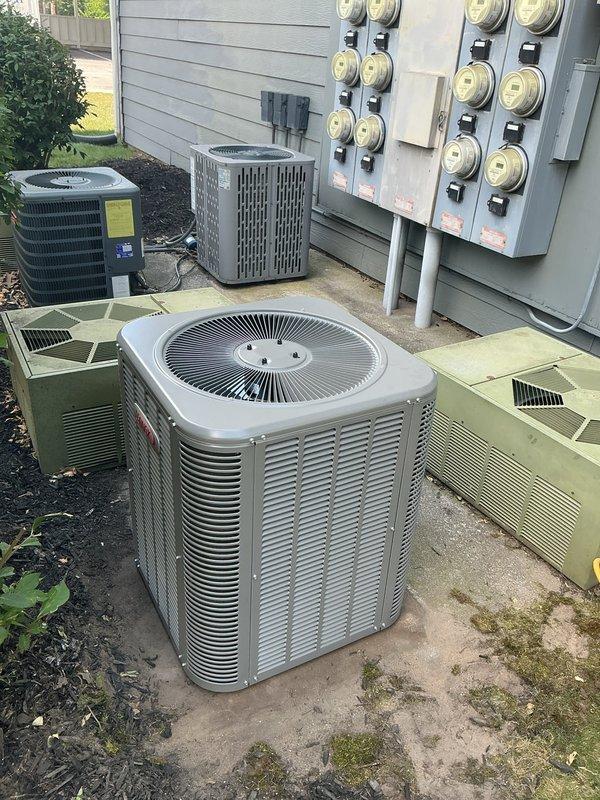 Completed installation of new air conditioning system including ML13KC1-024 outdoor condensing unit and HE31C30A130A0004R air handler. Unit was positioned on existing concrete pad with proper clearances for airflow and serviceability. Reused existing thermostat per customer request, verifying compatibility with new equipment. Established electrical connections to outdoor disconnect, tested system startup and operation, and confirmed proper refrigerant charge and airflow. System is operating within manufacturer specifications.