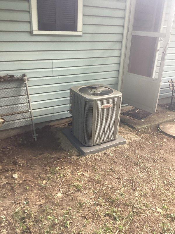 Completed full HVAC system installation including ML196UH045 furnace, ML13KC1-024 condensing unit, and CK40CT-30B evaporator coil. Installed new line set, ran PVC venting for condensate drainage, and mounted outdoor condenser unit on concrete pad adjacent to residence. Configured T-stat for system operation, verified all connections, and tested system functionality. Installation was rescheduled due to road access restrictions but completed successfully once access was restored.