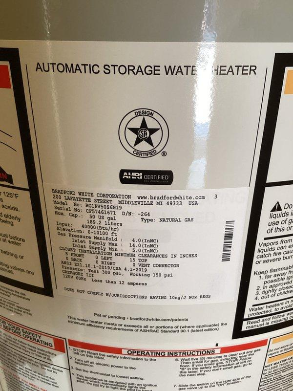 Completed installation of a 50-gallon Bradford White natural gas water heater (Model M-I-50T6FBN) in residential utility closet per customer quote. Unit was properly connected to existing gas line via flexible yellow connector, integrated with expansion tank mounted on overhead bracket, and configured with all required plumbing connections including hot water outlet and cold water inlet. All safety labels, manufacturer specifications, and code-compliant components verified and operational upon completion.