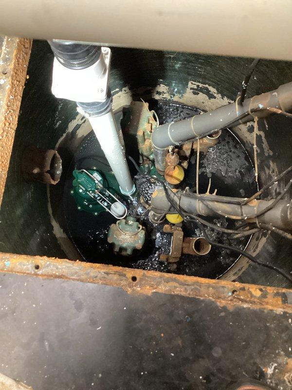 Conducted on-site assessment of existing dual sump pump system in residential basement to provide replacement quote. Inspected two green submersible pumps installed in single basin with white PVC discharge piping and black corrugated flexible drainage hose. Observed significant rust and corrosion on metal pit cover, mineral deposits and wear throughout system, and aged plumbing connections. Documented current configuration including multiple drain lines feeding into basin, vertical discharge piping with compression fittings, and overall system condition. Photographed installation setup and discussed replacement options for both pumps with property manager.