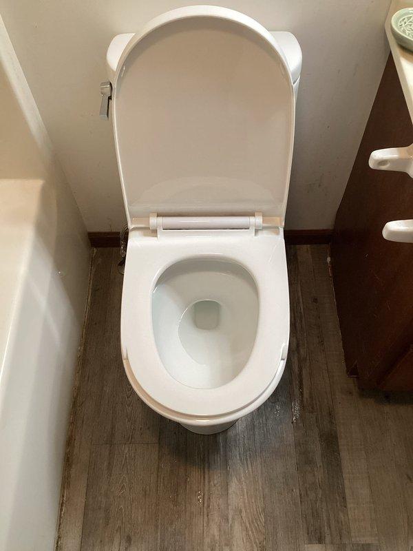 Removed and replaced existing toilet with new white porcelain unit featuring standard oval bowl design and chrome flush handle. Installation completed on wood-look vinyl plank flooring in residential bathroom setting. New toilet properly secured, sealed, and tested for functionality and proper flushing operation.